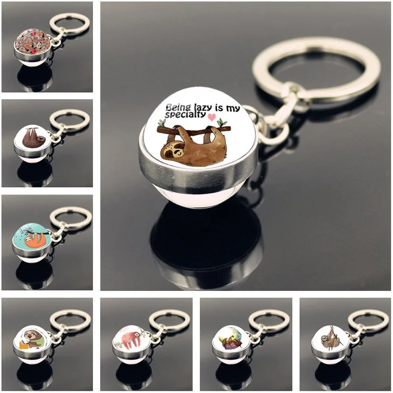 Sloth Keychain Cartoon Animal New Fashion Double Sided Time Stone Glass Ball Pendant Car Key Chain Decoration Creative Gift