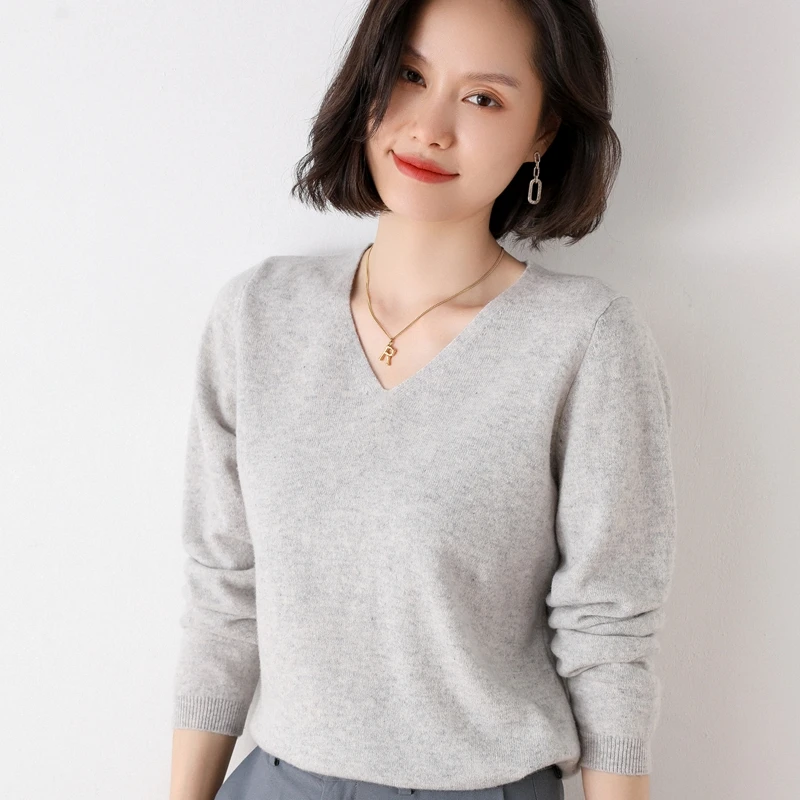 Off-Season Big Sale Autumn And Winter Women\'s 100% Pure Wool V-Neck Loose Pullover Sweater Basic Style All-Match Knitted Sweater