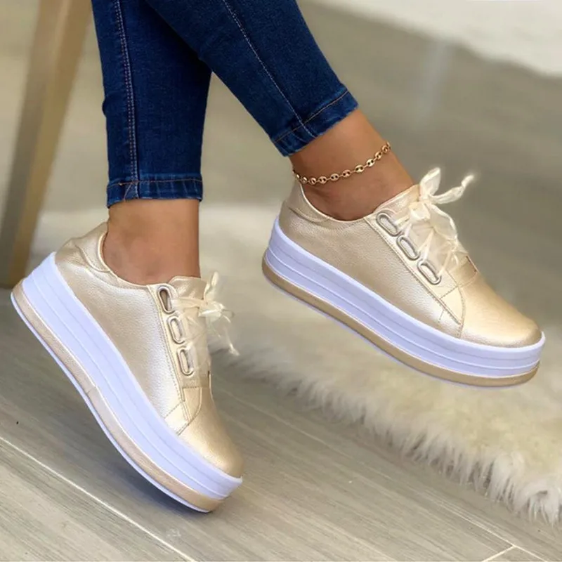 Comemore Lace Up Platform Shoes Women Gold Silver Flats Women Leather Thick Bottom Sneakers Zapatos De Mujer Woman Plus Size 43