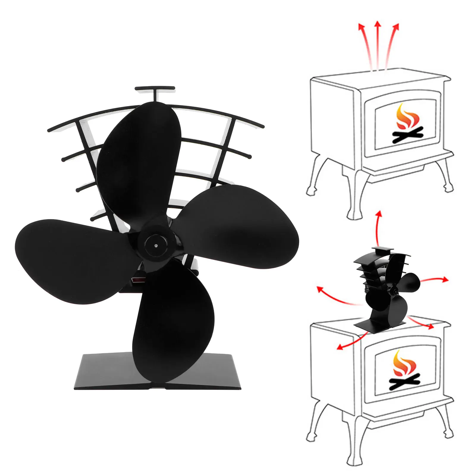 

4 Blades Black Fireplace Fan Heat Powered Stove Fan Home Chimney Fan Log Wood Burner Eco-fan Quiet Efficient Heat Distribution