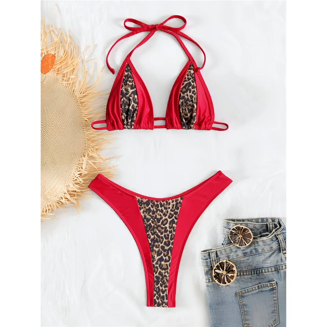 S - XL, Bikini mit Leopardenmuster, Halterneck, Damen-Badeanzug, zweiteiliges Bikini-Set, gepolsterter Badeanzug, Badebekleidung, Modell V8015. – Detail 5