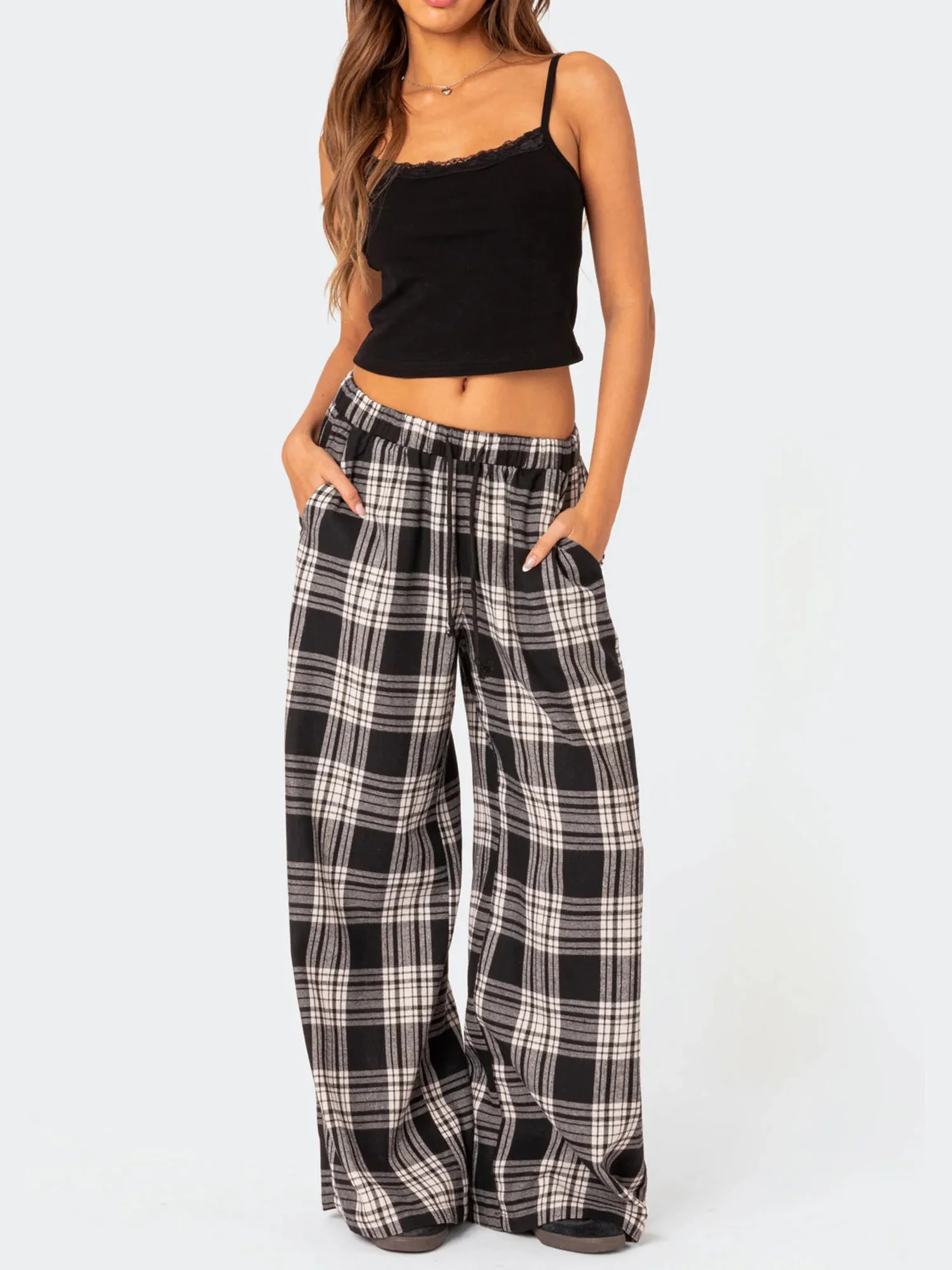 Damen-Baggy-Hose mit elastischer Taille, Frühling und Sommer, gestreift/Plaid/Buchstabe, Herzdruck, weites Bein, Lounge-Hose, Freizeithose