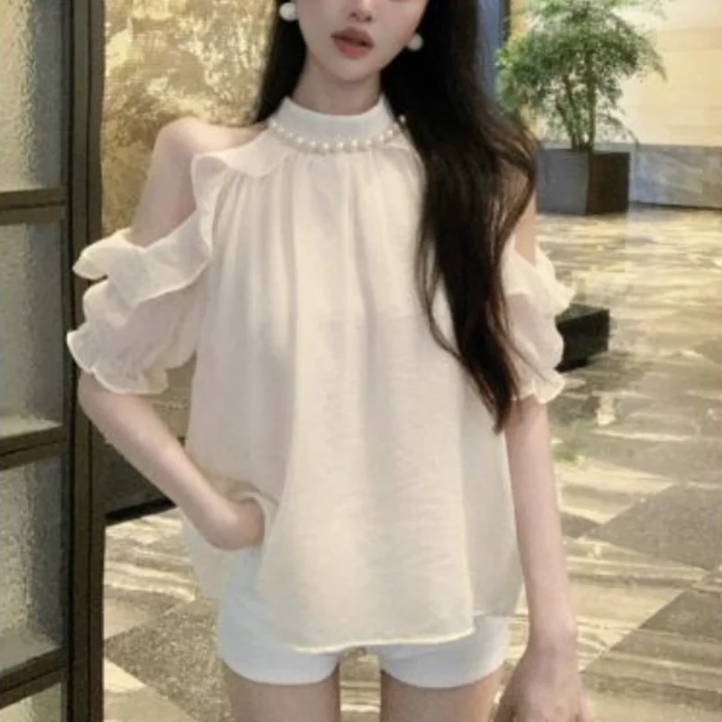 Summer New Commuter Casual Women\'s Clothing Fashion Ruffle Edge Simplicity Solid Color Round Neck Short Sleeve Pullover Shirt