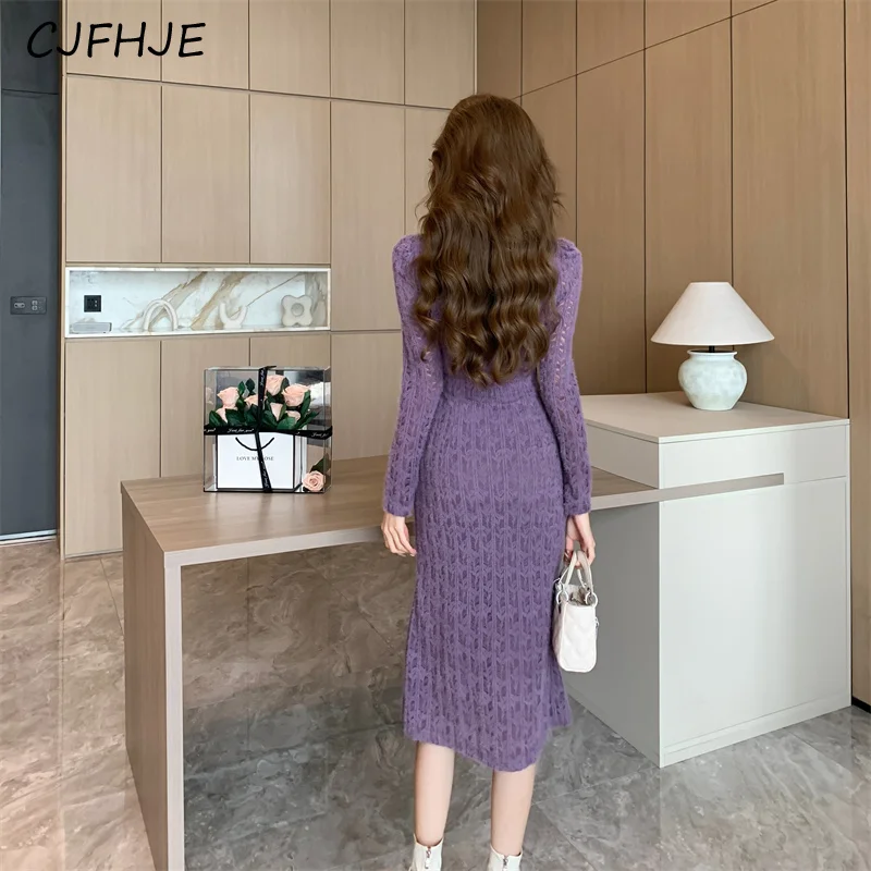 CJFHJE Spring Women Sexy V-Neck Waist Tie Purple Lace Fishtail Long Bottom Dress Korean Chic Women's Slim Fit Lavender Dresses