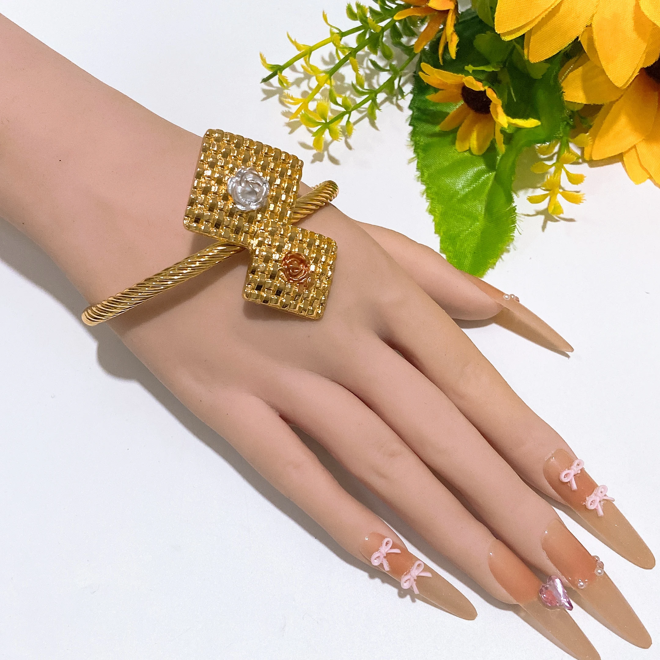 New In Tri-Tone Gold Plated Bow Cuff Bracelet Textured Grid Design with Rose Accents for Bold Statement & Everyday Fashion Wear