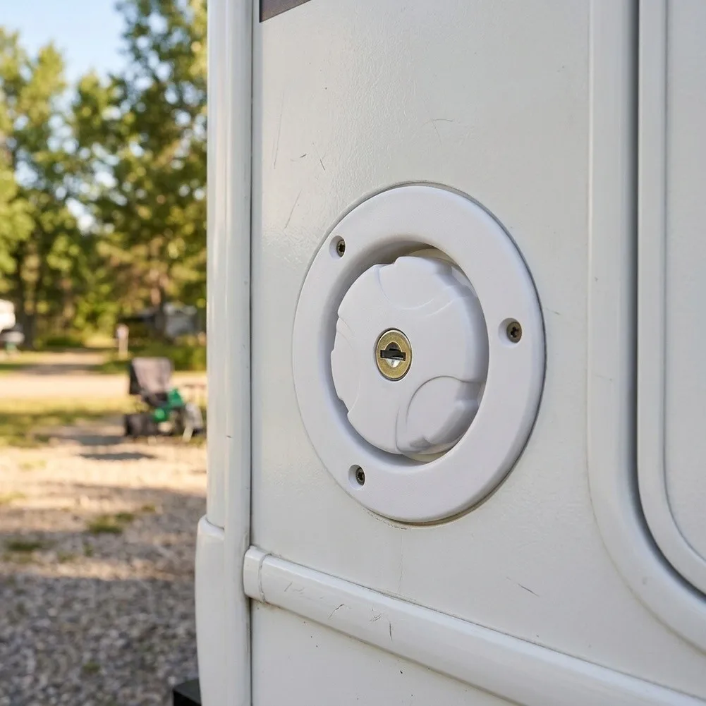 Freshwater Inlet for Trailers and Motorhomes Featuring Secure Lock Cap and Compatibility with Standard RV Plumbing