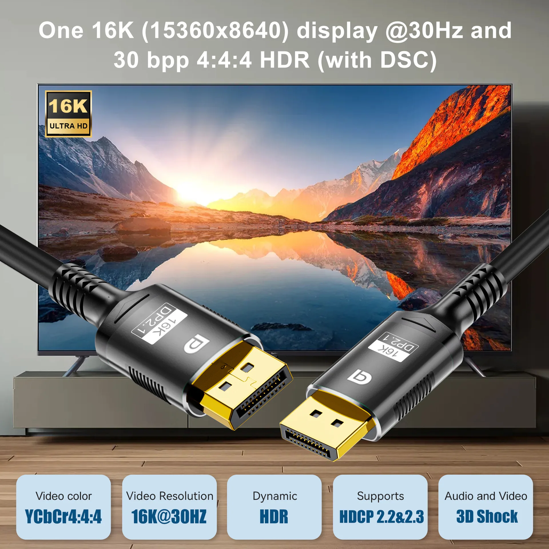 16K Displayport Cable DP2.1 8K@120Hz 4K@240Hz 80Gbps HDR Video Audio Cable for Laptop TV Xbox Projector Gaming Monitor