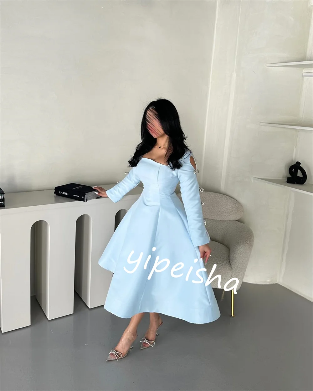     Charmeuse Bow Cocktail Party A-line Square Neck Bespoke Occasion Gown Midi es  Dresses 