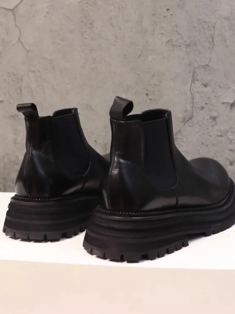 New Women Cowhide Genuine Leather Chelsea Boots Casual Slip-On Round Toe Thick Bottom High Top Shoes Vintage Female Short Boots