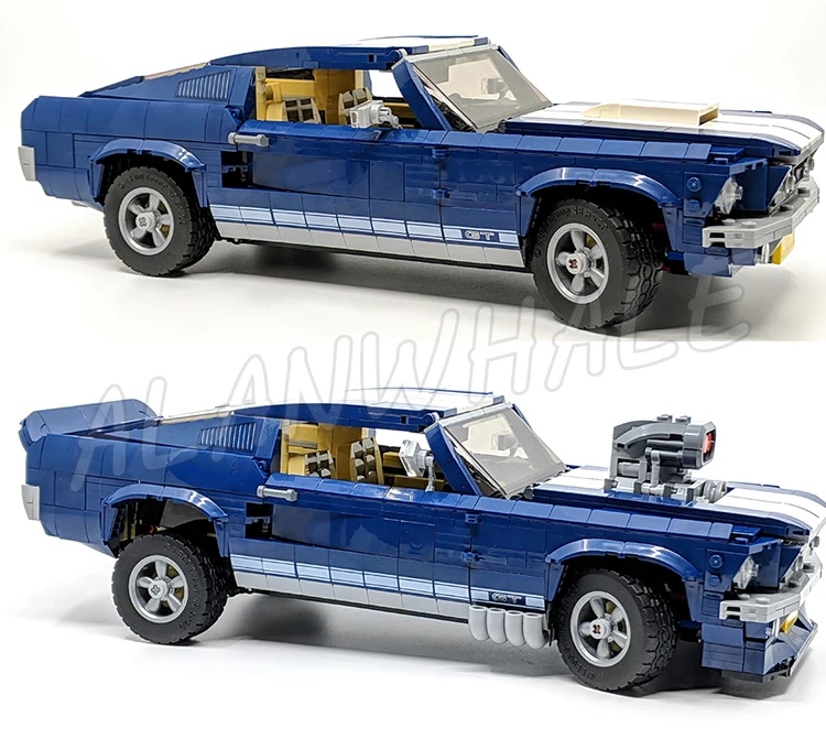 1471pcs Creative Expert 1960s Mustang Car Dark-blue White Racing Stripe V8 Engine 11293 Building Block Toy Compatible With Model