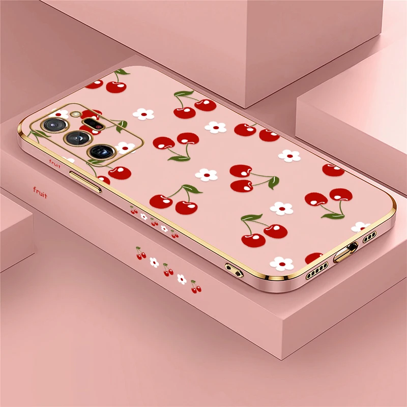 Phone Case For Samsung Galaxy Note 20 Ultra 10 Plus 9 8 10 Lite Shockproof Plating Silicone Soft Cherry Flower Print Cover