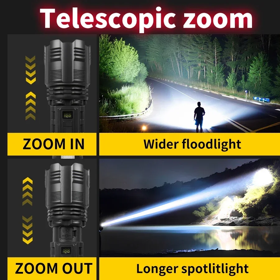 10000LM Bright LED Flashlight –Zoomable Tactical Torch,Rechargeable COB Camping Lamp for Outdoor Hiking Emergency & Self Defense
