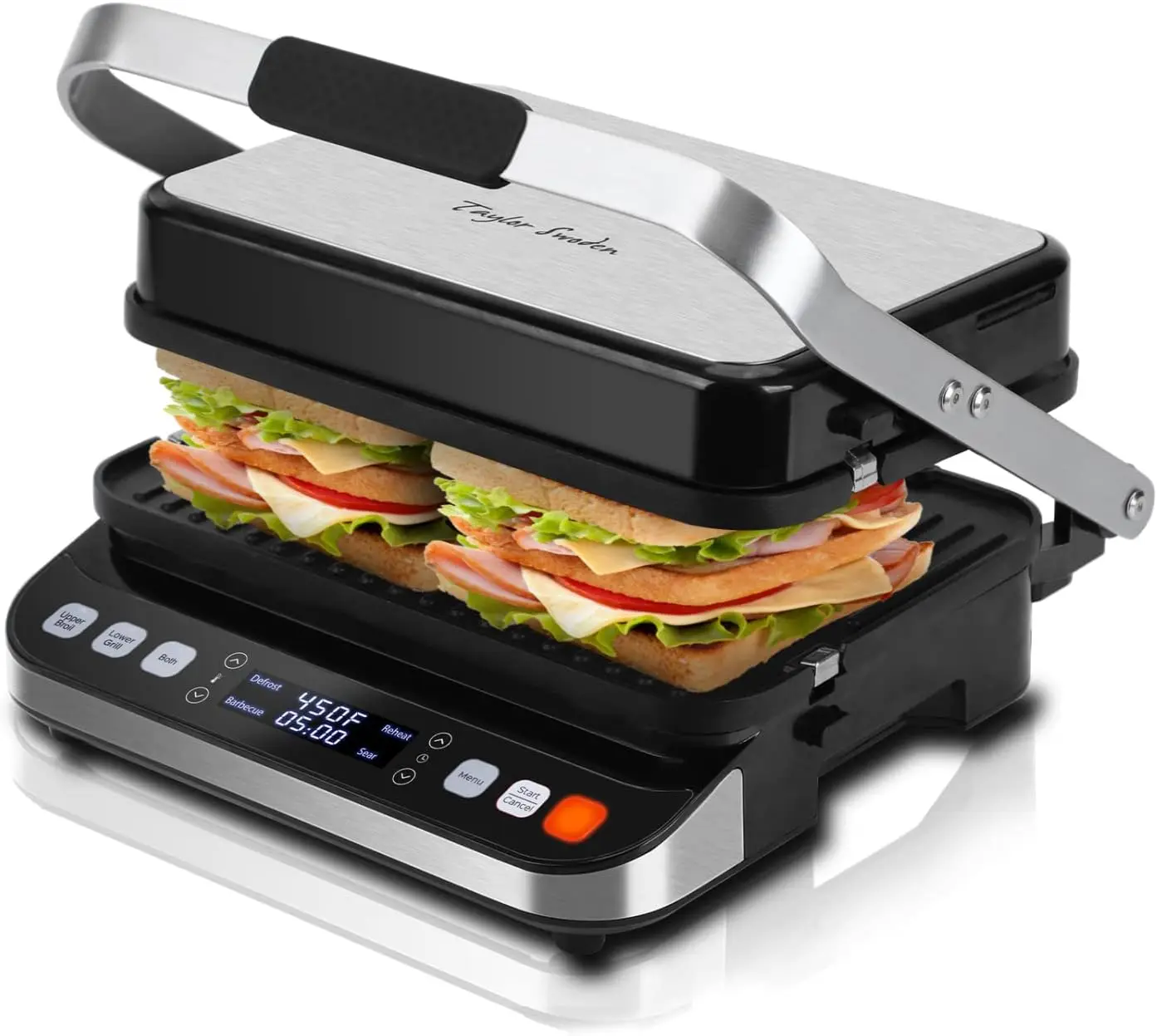 

Taylor Swoden 10 in Panini Press Sandwich Maker 1600W Electric Indoor Grill with Non-Stick Double Sided Plates LED Touch Screen