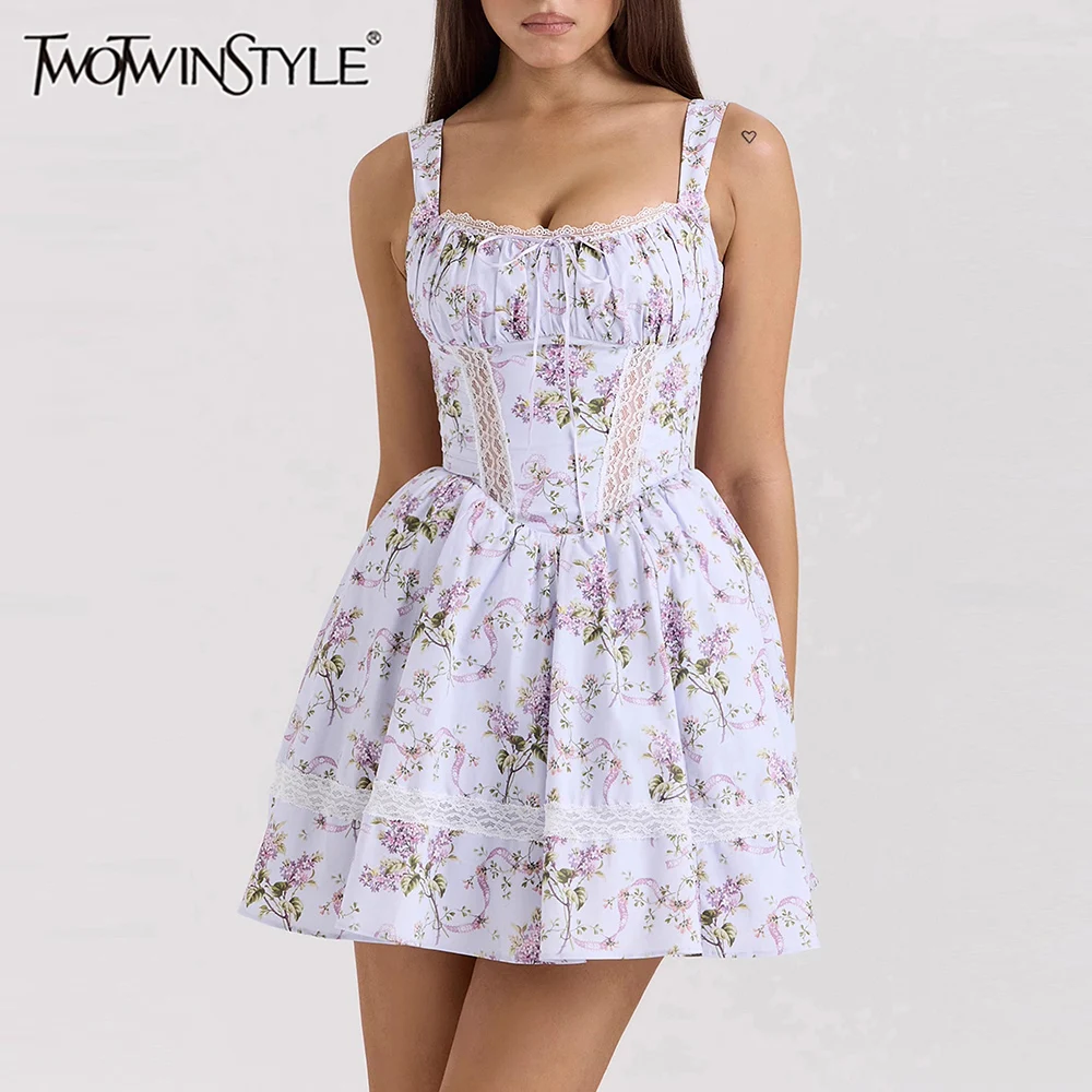 

TWOTWINSTYLE Fashion Printing Spliced Folds Mini Dresses for Women Square Neck Sleeveless Hollow Out Patchwork Lace Dress Female
