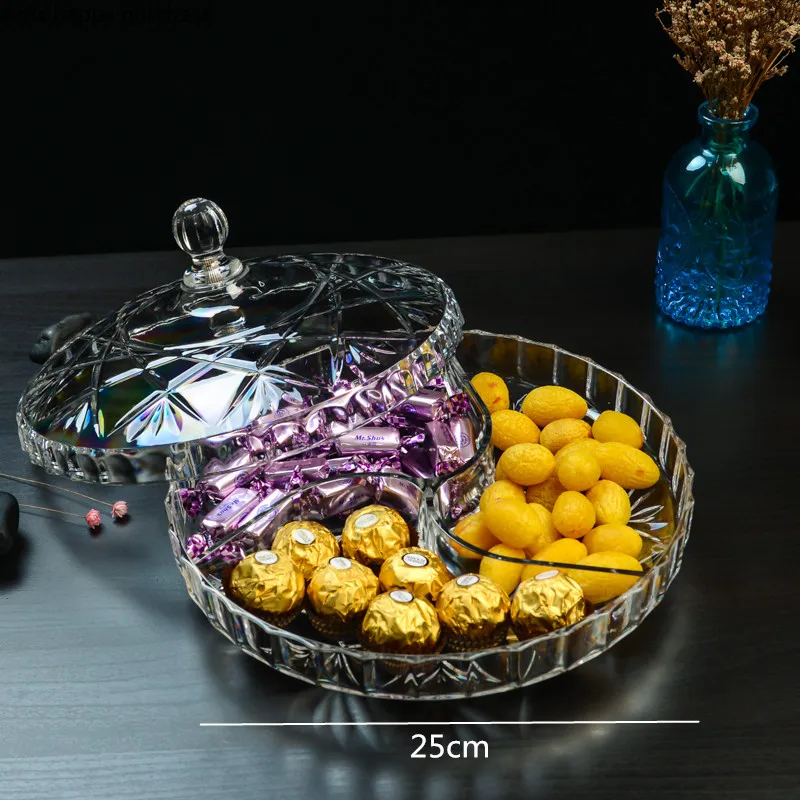 European Style Plastic Dried Fruit Box Six Grid with Cover Square Round Acrylic Food Storage Transparent Amber Snacks Plate