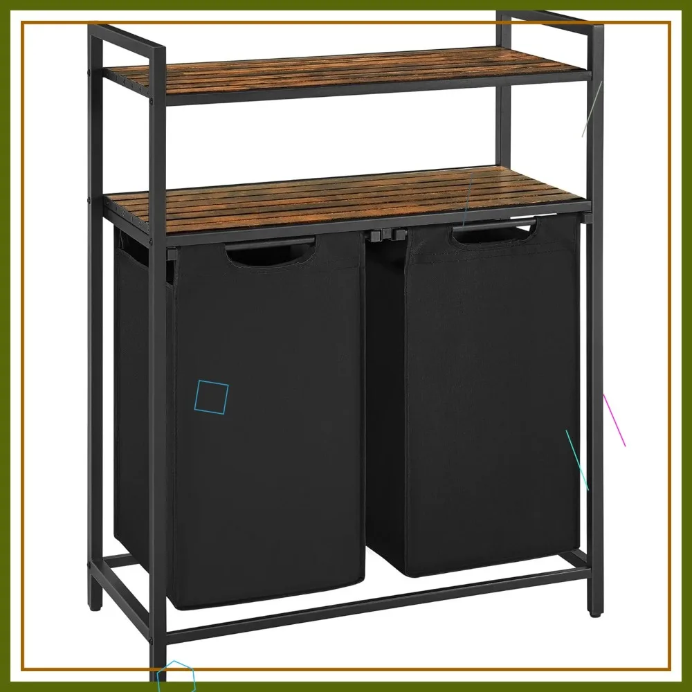 

2-Compartment Laundry Sorter with Removable Bags & Shelves, 92L Capacity, Rustic Brown for Home Organization