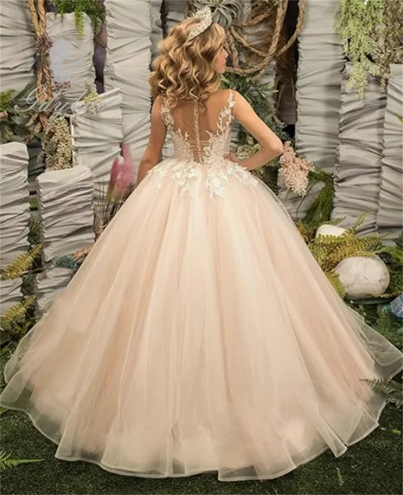 A + vestito da spettacolo da ragazza lungo Tulle Flower Girl abiti senza maniche Appliques abito da ballo per abiti da festa di nozze