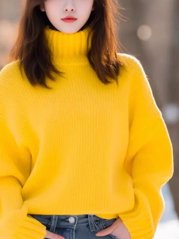 Small sweet long-sleeved sweater women\'s autumn and winter new yellow turtleneck casual fashion cashmere sweater