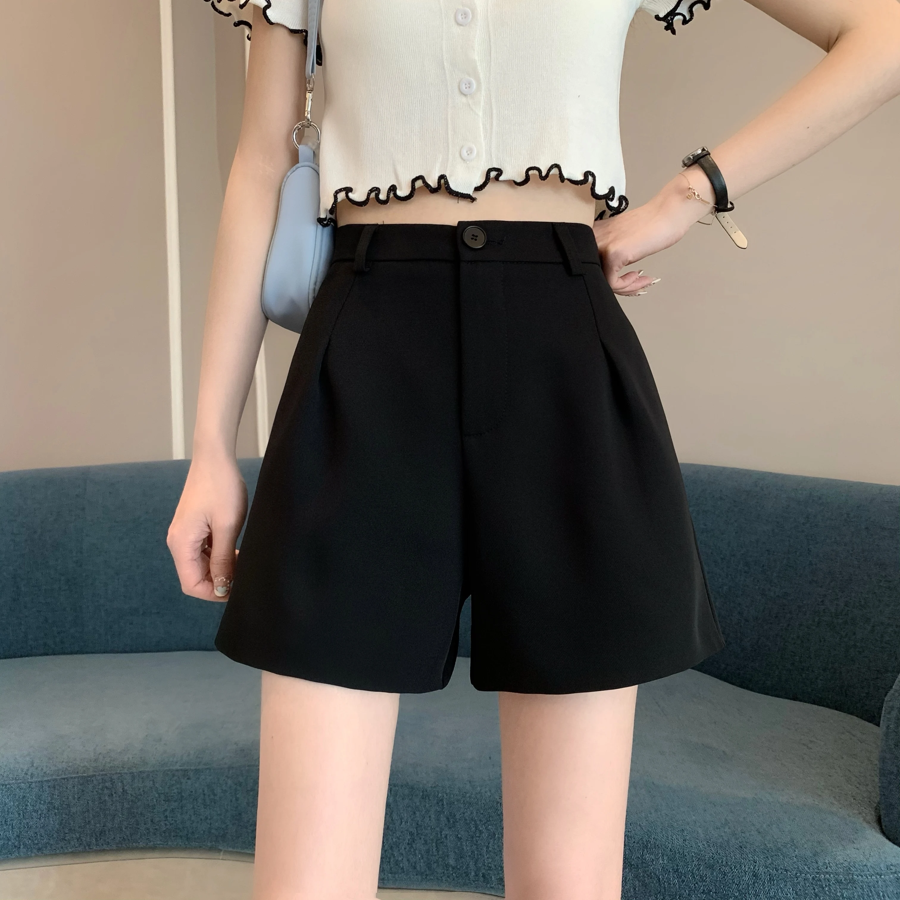 High Waist A-Line Wide Leg Pants Women's Summer 2024 New Style Suit Short Pants Casual Loose Fit Black Polyester Fiber
