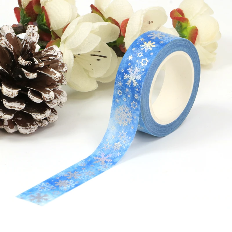 

NEW 1PC. 10M Deco Silver Foil Snowflake Stars Blue Christmas Washi Tape for Gift Wrap & Journal Masking Tape Cute Stationery