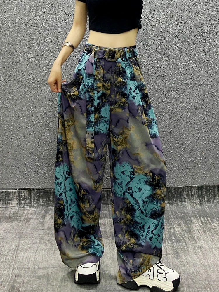 2025 Summer Women's New Fashionable Colorful Printed Design Wide-Leg Pants High Waist Loose Slimming Straight Casual Pants