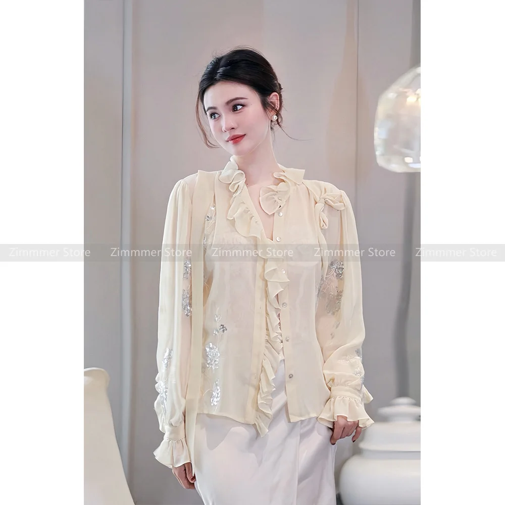 

2024 Spring new new Chinese embroidered beads ruffle V-neck gentle shirt women's blouse