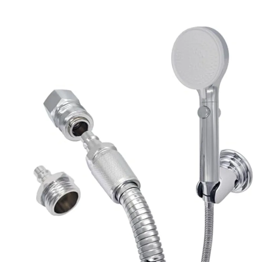 

RV Outdoor Shower Head with Hose and Quick Connect Fittings - High Pressure 3-Spray Mode Shower Head with Pause Button-Easy Ins