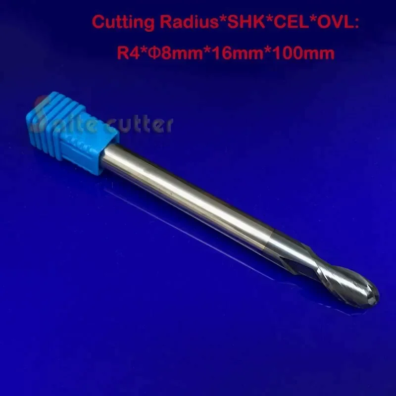 1pc Radius=4mm 2 Flutes Hrc55 R4*16*D8*100 Solid Carbide Ball Nose End Mill CNC Router Bits Tools Milling Cutter