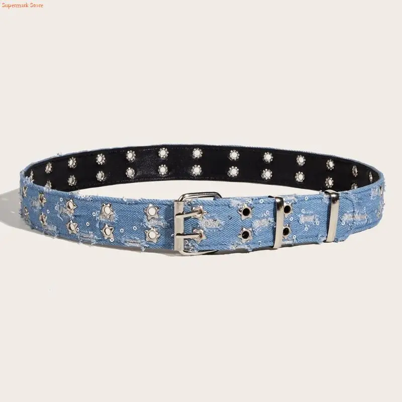 Q5WE Fashion Adult Waist Belt with Adjustable Double Pin Buckle Waistband Washed Waist Belts for Women Distressed Belt