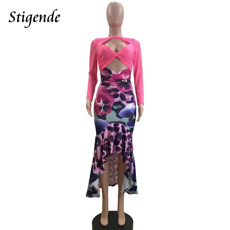 Stigende Women Floral Print High Low Ruffle Dress Sexy Open Front Leopard Mermaid Evening Dress