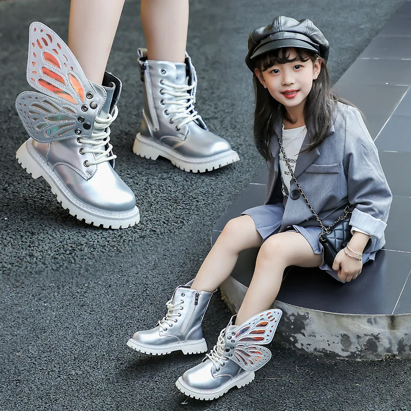 2024 Kids Boot for Girls Wings Fashion Colorful Short Boots Girls Silver Princess Shoe Winter Shoe for Girl Botines Para Mujeres