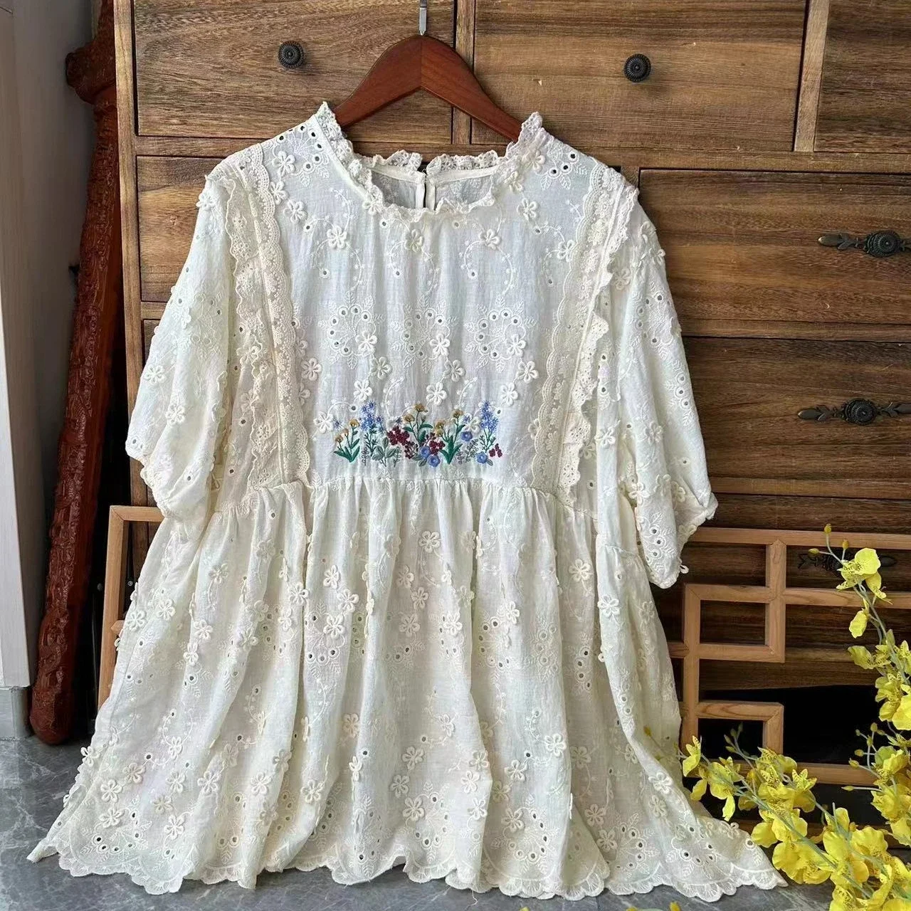 Rococo Vintage Cotton Linen Eyelet Lace Floral Embroidery Puff Sleeve Shirt Summer Victorian Retro Ruffled Loose Babydoll Blouse