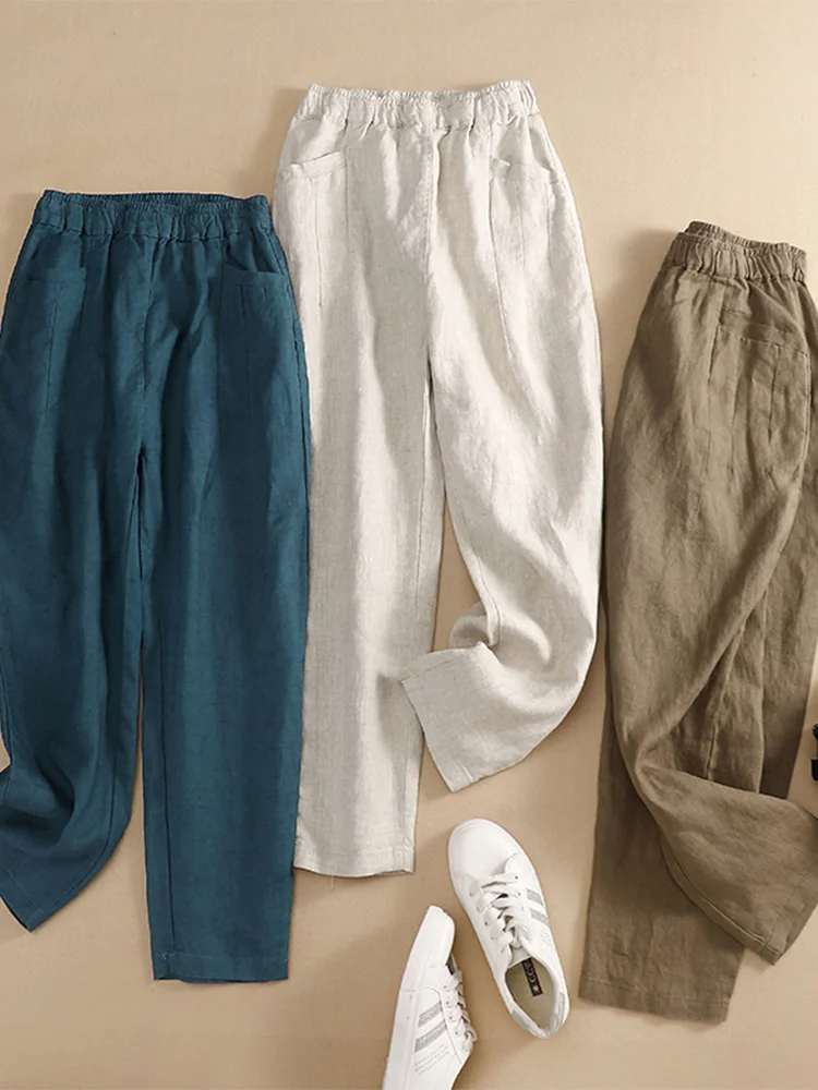 Pantaloni casual da donna in cotone e lino a nove pezzi Pantaloni Harem slim fit Vita alta Modello sottile ket Dettagli Pendolarismo Sle Summer C...