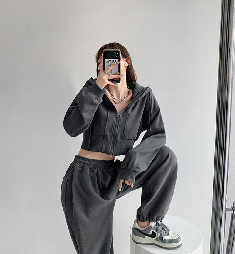 Women Cropped Hoodie Two Way Zipper Jacket Drawstring Hem Sweatshirt Slim Fit Long Sleeve Grey Athletic Yoga Gym Running Top