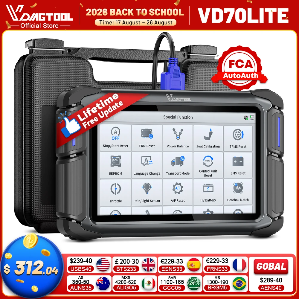 Scanner Automotivo VDIAGTOOL VD70Lite com Atualização Gratuita Vitalícia, Diagnóstico de Todos os Sistemas, 31 Funções de Redefinição, Scanner OBD2 Bidirecional FCA