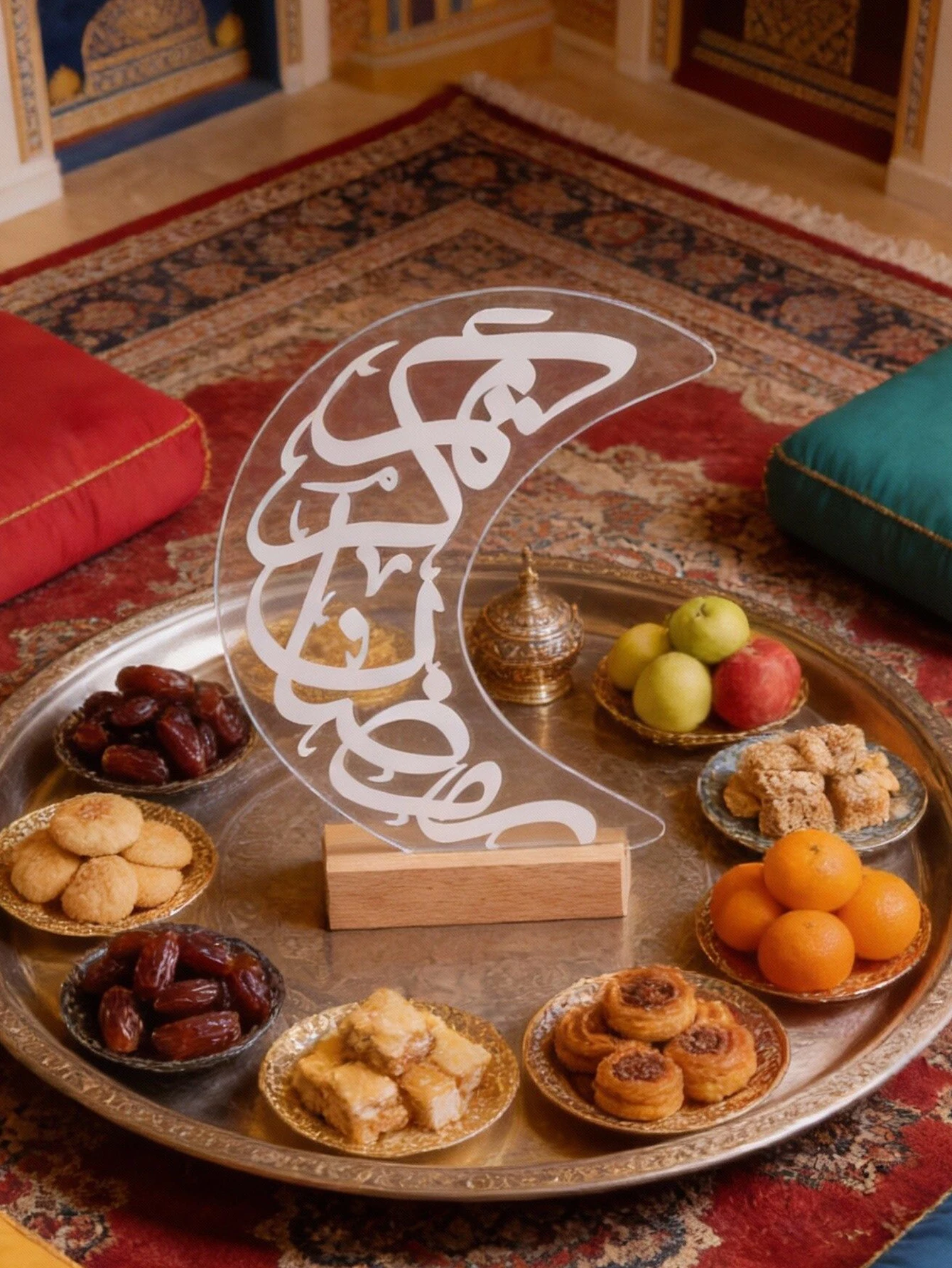 Ramadan Kareem 2D Acrylic Moon Tabletop Decor Islamic Calligraphy Ornament for Muslim Festival Eid Mubarak Home Party Decoration