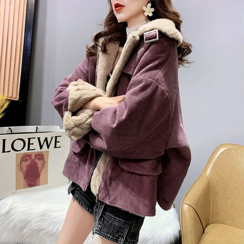 Women\'s Fleece Lining Zipper Lambswool Cotton Coat Autumn Winter Jacket Women Corduroy Parkas Loose Thicken Warm Short Coat C365