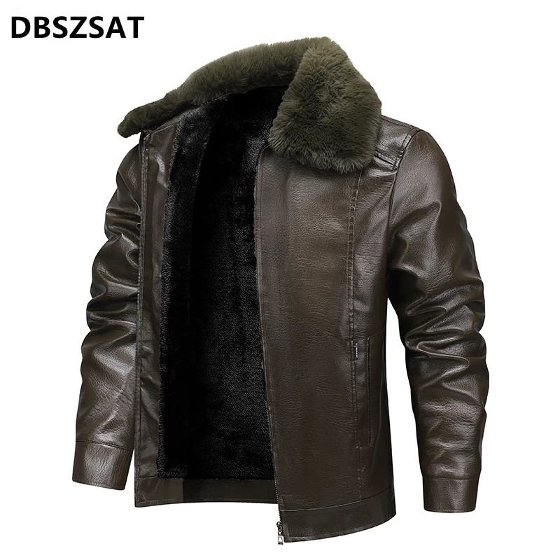 Fur Collar 2029  Leather Jacket Winter Fleece Lined Biker Jackets Fashion Motorcycle Leather Coat Outwear Casual Streetwear