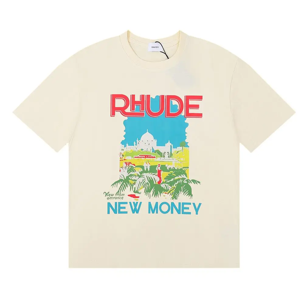 Rhude Trendy Castle Coconut Tree Scenery Print Pure Cotton Loose Short Sleeve T-Shirt Casual Top