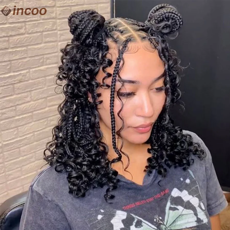 Synthetic Short Boho Braided Wig Full Lace Wigs Goddess Bohemian Box Braids With Curly Hair Knotless Cornrows Braids For Women
