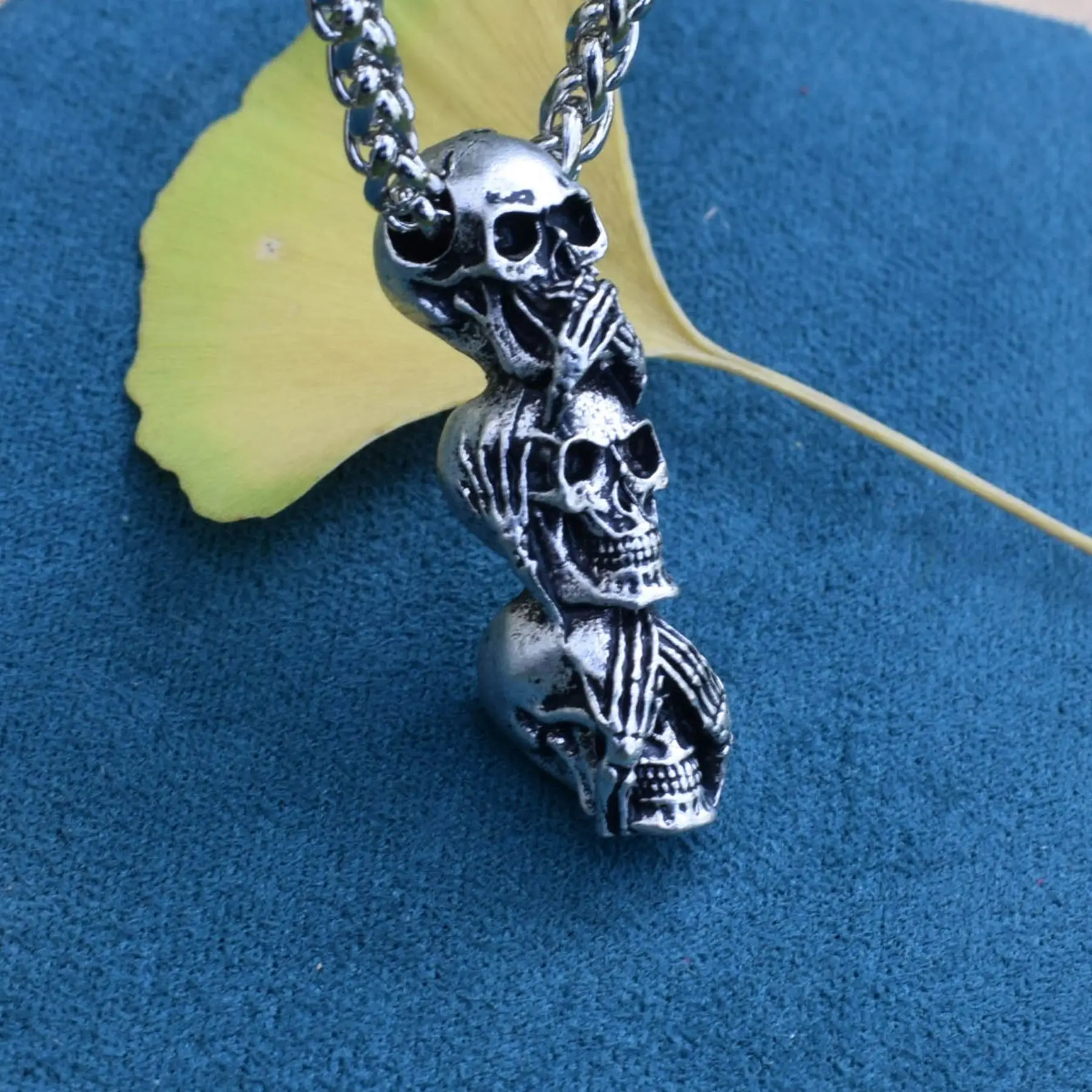 Europe and America Retro Silver Cover Your Mouth, Ear, and Eyes Shape Skeleton String Necklace UNISEX Gothic Punk Party Necklace