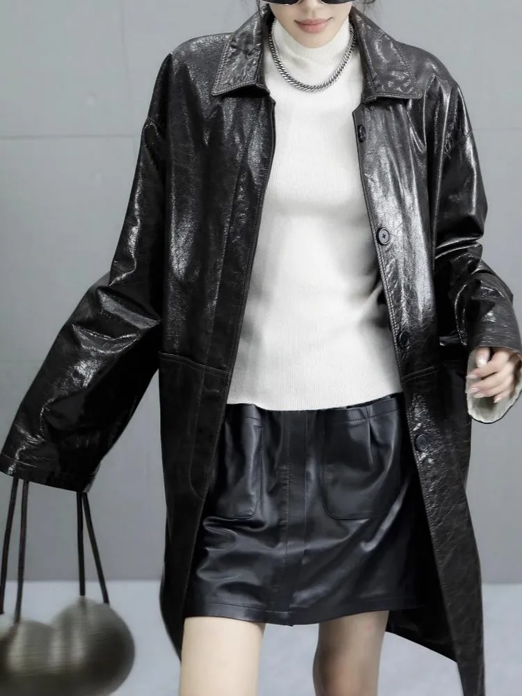 سترة Streetwear بجيب واحد الصدر بلون سادة من الجلد الطبيعي مع طية صدر السترة وأكمام طويلة معطف فضفاض من جلد البقر للسيدات #3