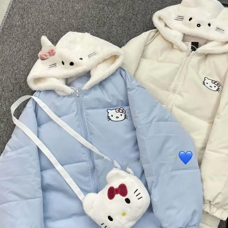 Kawaii Hello Kittys Winter Cotton Coat with Bag Women Sanrioed Christmas Plus Velvet Thickened Warm Cartoon Sweet Warm Jacket