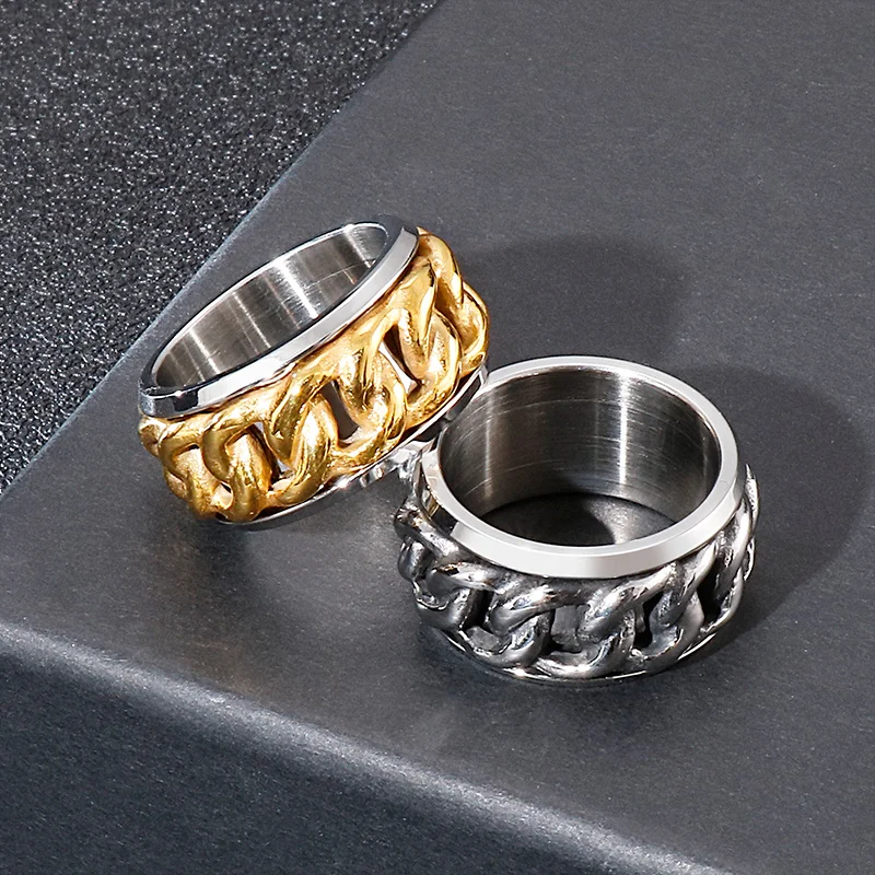 Fongten Cuban Chain Rings For Men Stainless Steel Cocktail Ring Male Gold Silver Color Jewelry Wholesale