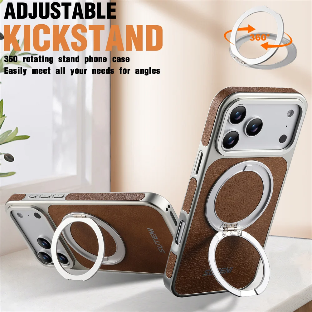 Skórzane etui na telefon z magnetycznym pierścieniem obrotowym i funkcją podstawki, kompatybilne z modelami Apple iPhone 18, 17, 16, 15, 14, 13 Pro Max, posiadające srebrzyste, ochronne wykończenie. — zdjęcie produktu 3