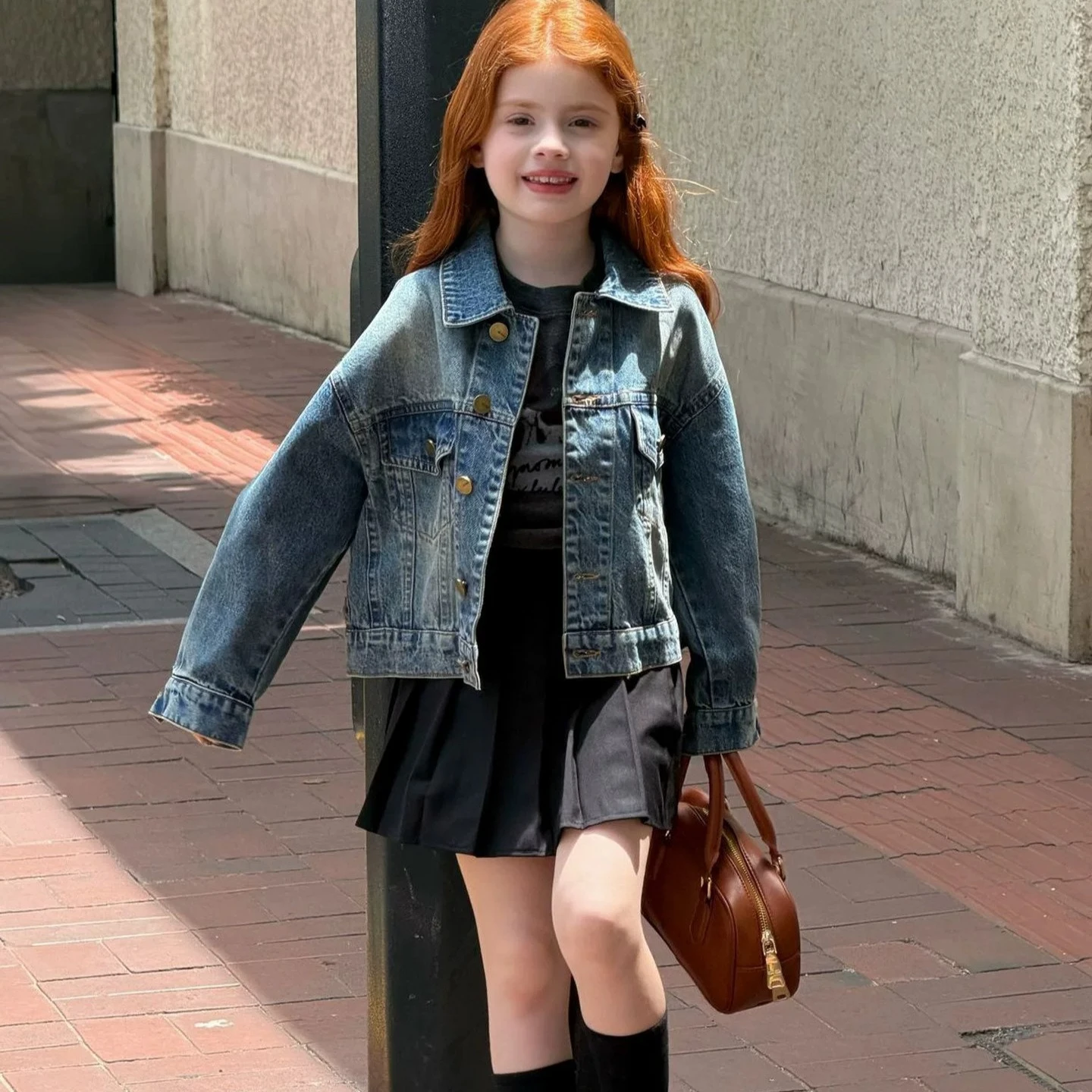 Girls' Autumn Vintage Polished Denim Jacket, Children's Korean Version Casual Fashionable Short Jacket, Versatile Top