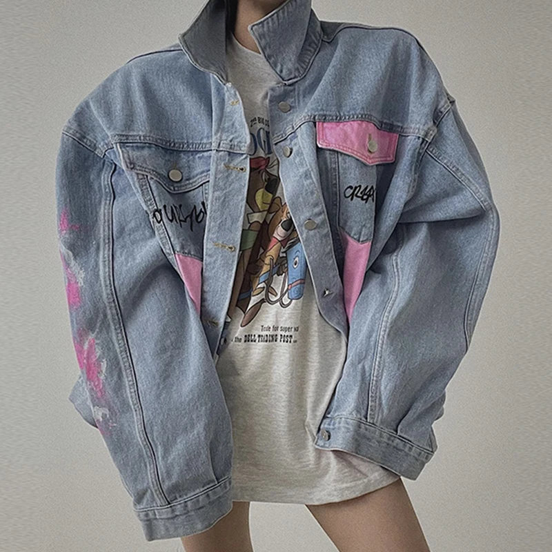 

Sli Autumn Winter Long Sve Denim Jaet Women's Collar Stand up Letter Print Design Versatile Chic Outerwear