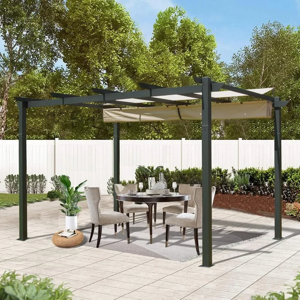 

9 X 13 FT Outdoor Retractable Pergola Against The Wall with Sun Shade Canopy, Pergolas and Gazebos Clearance, Patio Metal Canopy