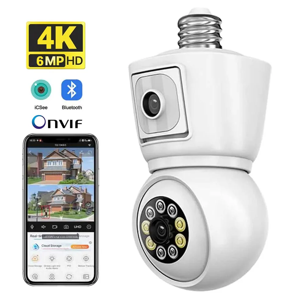 

ICSEE 4K 6MP E27 Bulb WiFi Camera Dual Lens Dual Screen Auto Tracking Two Way Audio Color Night Vision Outdoor Security Camera