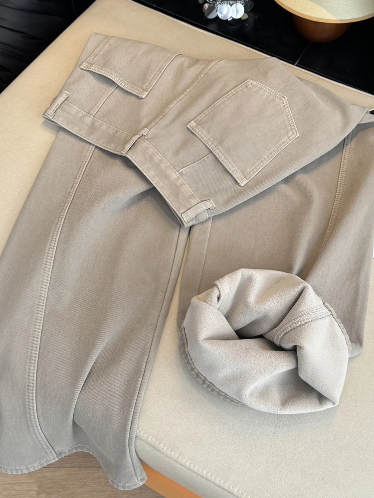 

Khaki Composite Baby Velvet Denim Pants High Waist Straight Leg Thickened Warm Wide Leg Long Pants for Women Autumn Winter Ca...